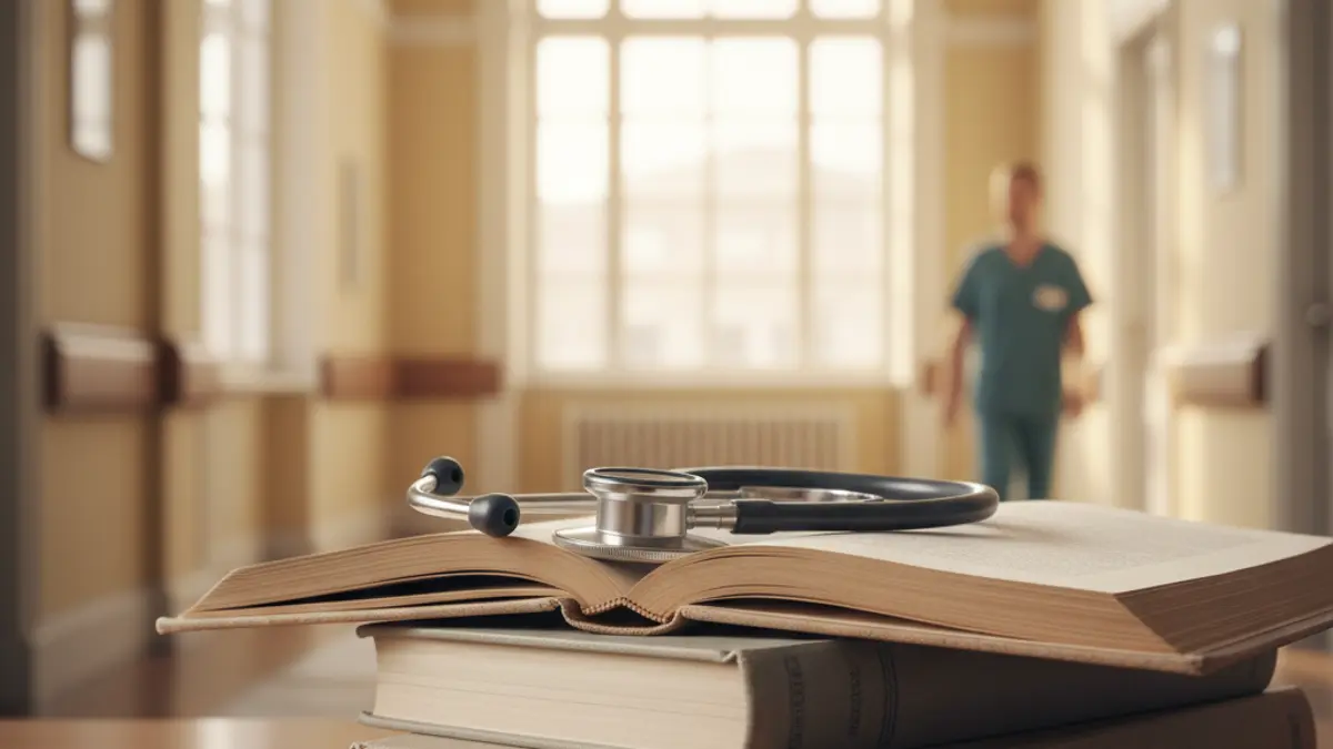 Imagen genérica de un estetoscopio sobre libros de medicina en un hospital.