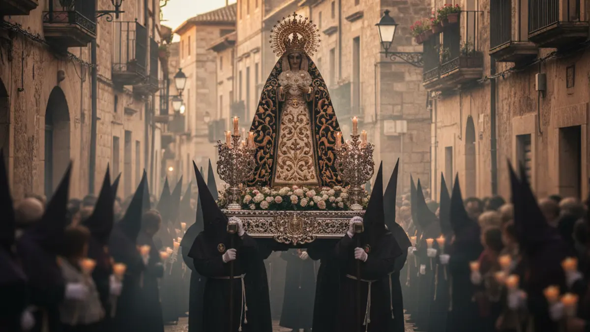 Imagen de una procesión religiosa tradicional en un pueblo mediterráneo, con figuras borrosas llevando una efigie religiosa.