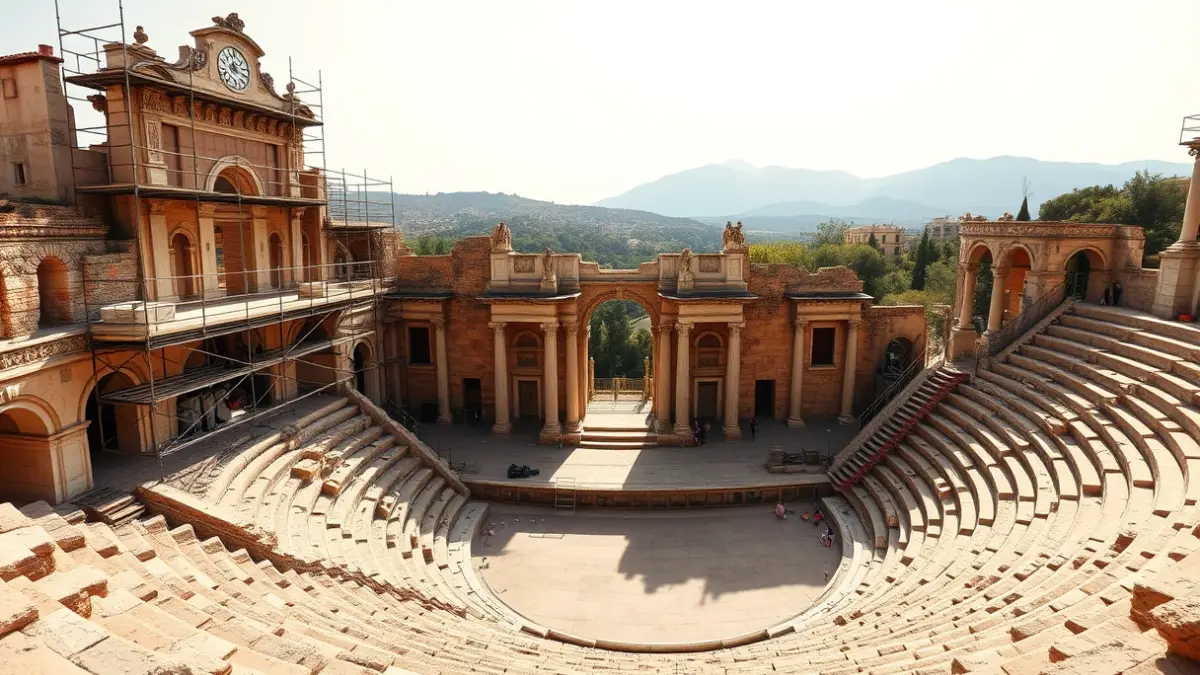 Image of the Roman Theater of Sagunto with restoration elements, under the afternoon sun.