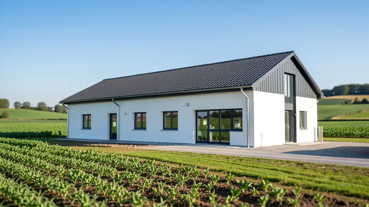 Imatge genèrica d'una cooperativa agrària moderna amb camps al fons.