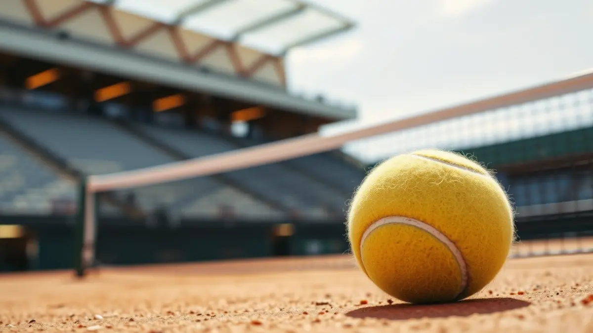 Imagen genérica de una pelota de tenis en una pista de tierra batida, con la red y las gradas desenfocadas al fondo.