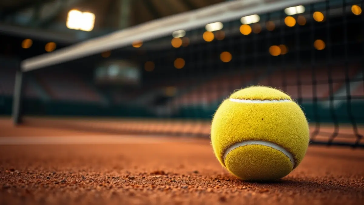 Imatge genèrica d'una pilota de tenis en una pista de terra batuda, amb la xarxa desenfocada al fons.