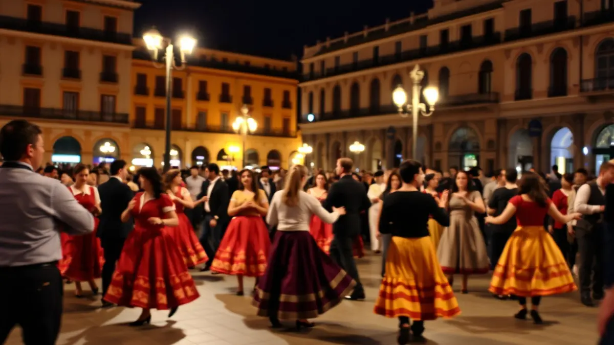 Image of a traditional Valencian 'dansà' in a crowded square, with dancers in traditional attire and warm lighting.