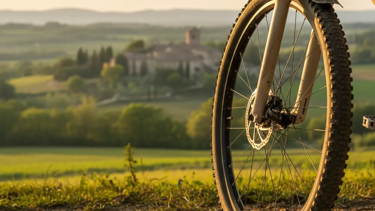 Imagen genérica de una rueda de bicicleta de montaña en un camino de tierra, con un paisaje verde difuminado al fondo, representando el cicloturismo sostenible.