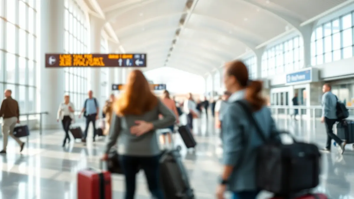 Generic image of a modern airport terminal interior with blurred passengers.