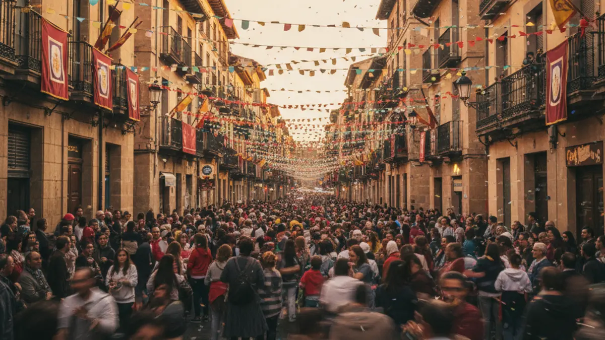 Imatge genèrica d'una festa de Moros i Cristians, amb gent i banderes de colors en un carrer.
