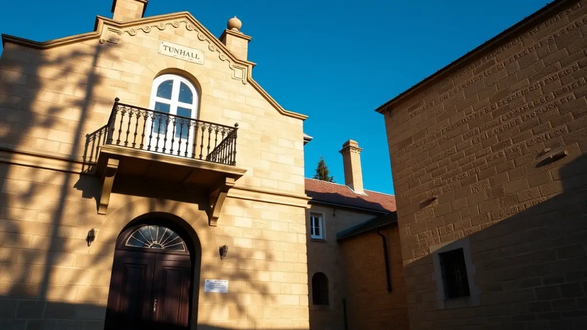 Façana d'un palau provincial amb balcons i baranes de ferro, banyada per la llum del sol de la vesprada.