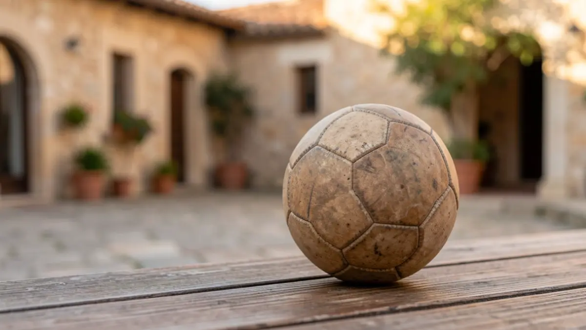 Pilota de pilota valenciana sobre fusta amb fons arquitectònic.