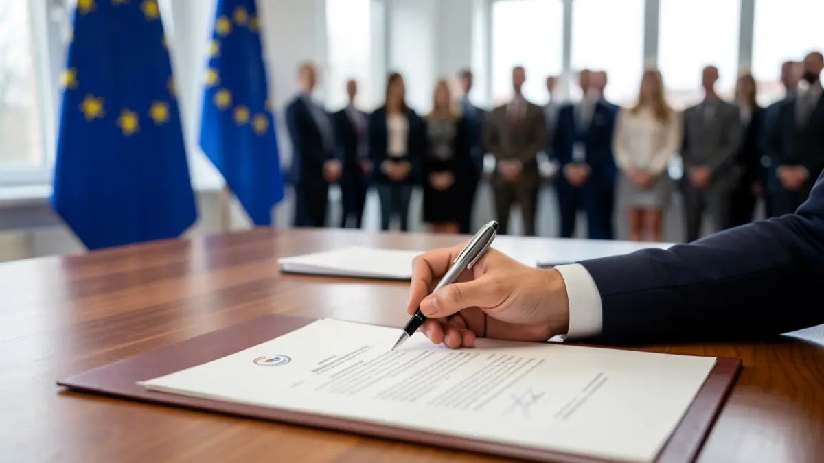 Imagen de un documento oficial siendo firmado en un despacho institucional.