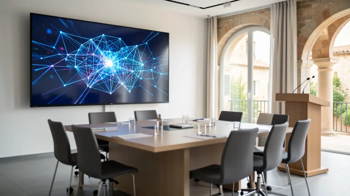 Imatge genèrica d'una sala de conferències amb tecnologia d'intel·ligència artificial.