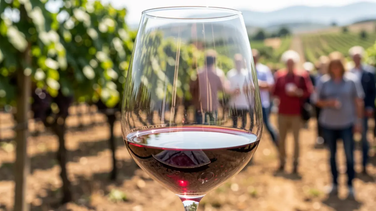 Imatge genèrica d'una copa de vi negre Monastrell amb vinyes al fons.