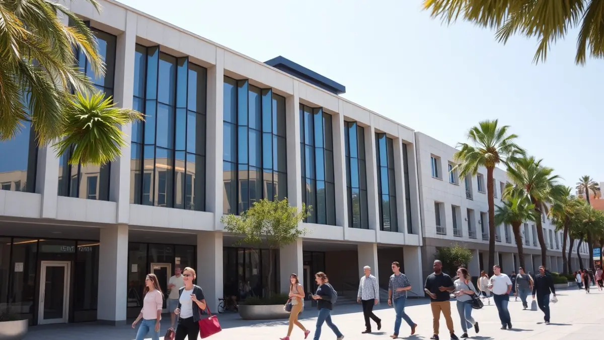 Generic image of a modern university building facade with students walking.