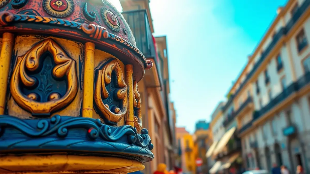 Image of a Fallas monument with intricate details and vibrant colors, on a city street.