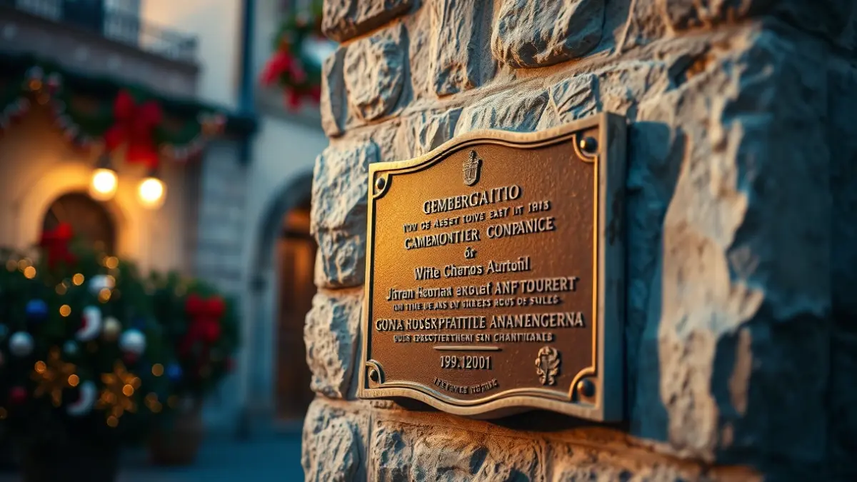Image of a commemorative plaque on a stone wall, with blurred festive decorations in the background, in a Mediterranean setting.