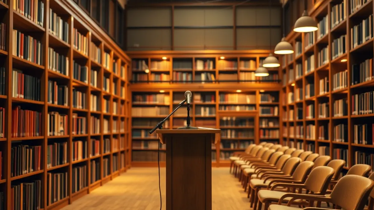 Imagen genérica de una biblioteca con estanterías de madera y un atril, con una atmósfera cálida de lectura.