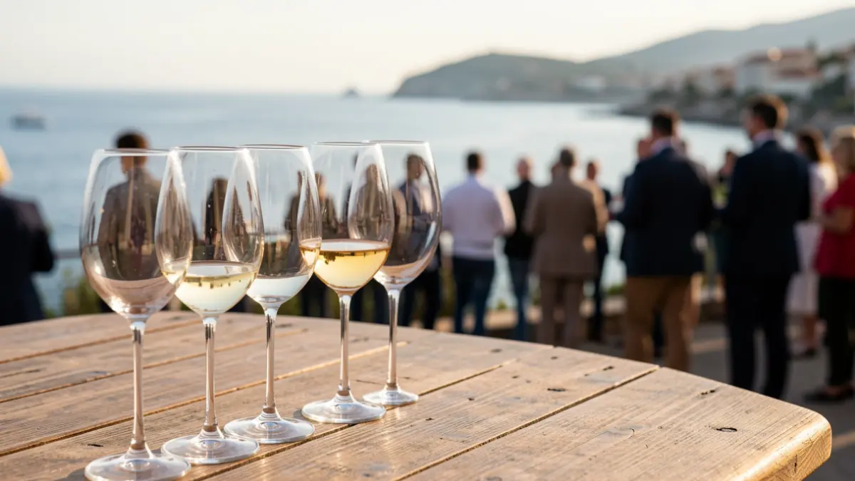Imagen de copas de vino en un evento al aire libre con el mar de fondo.