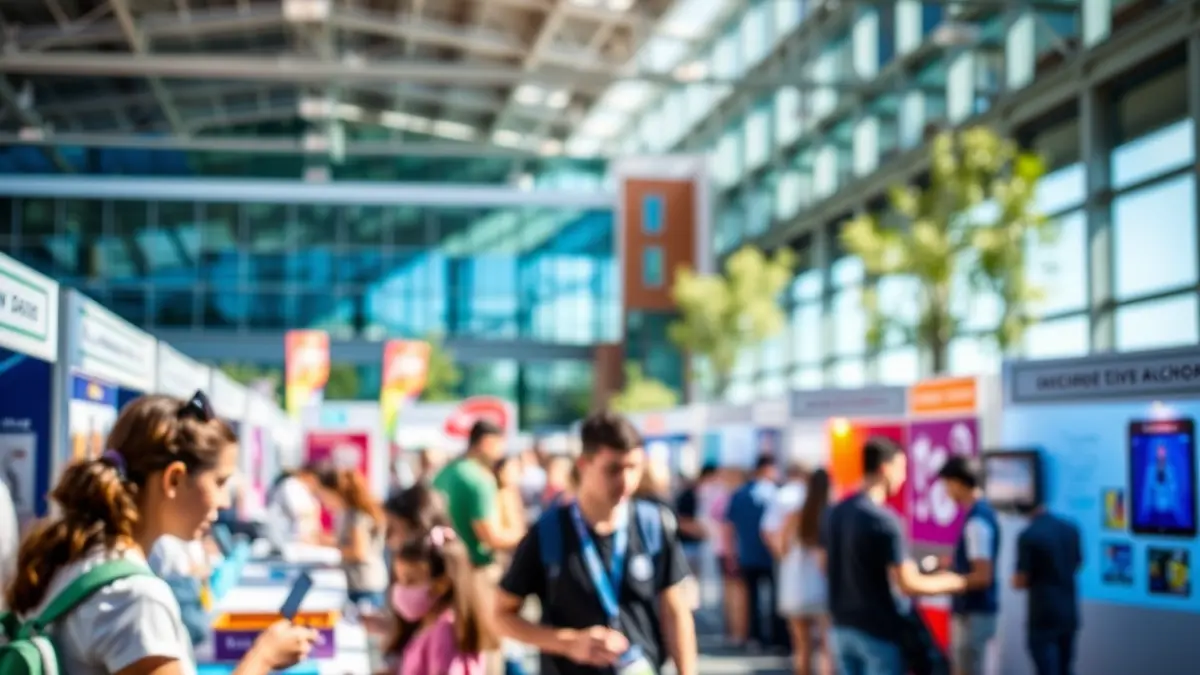 Image of a science fair with interactive stands and hands-on activities.