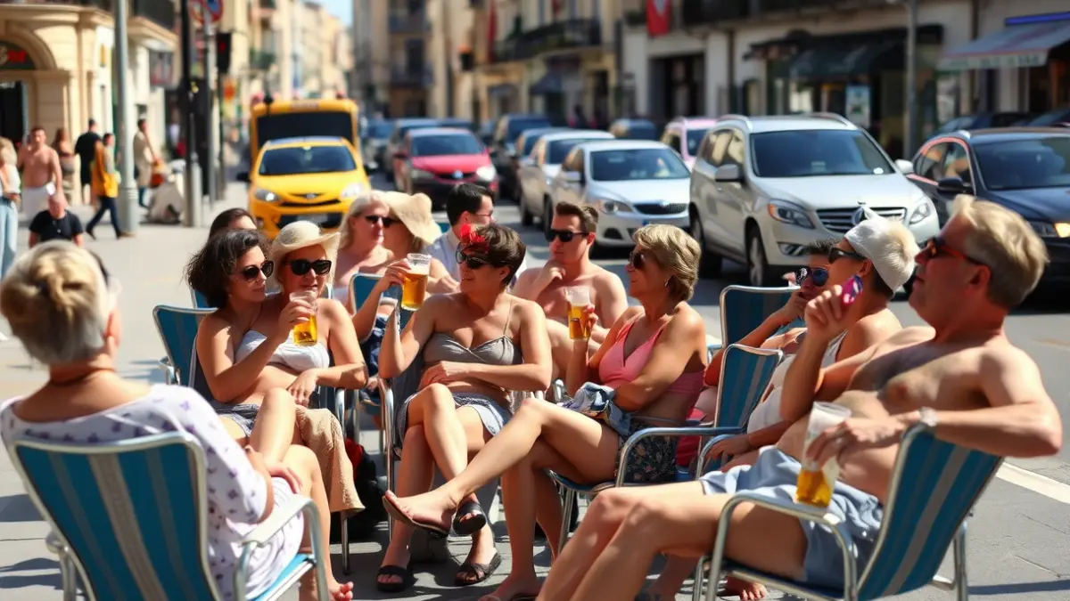 Image of a group of tourists in the Ayora neighborhood, Valencia, enjoying the fresh air on a street island.