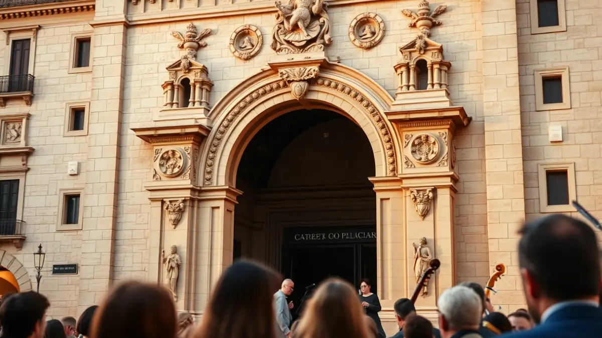 Imagen de una fachada de edificio valenciano con luces cálidas, sugiriendo un evento cultural.