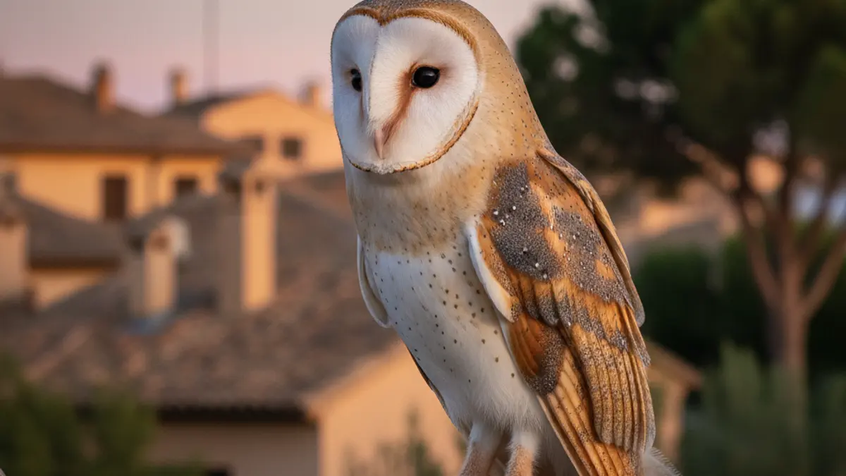 Image of a common barn owl with its distinctive heart-shaped white face, perched on a branch at dusk, with a blurred background of peri-urban Valencia rooftops and trees.