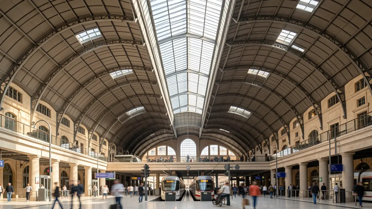 Imagen genérica de una estación de tren moderna con cubierta modular y luz natural.