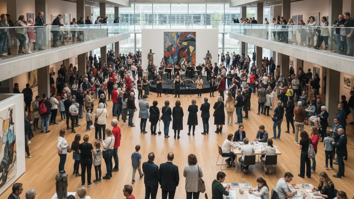 Imatge genèrica de persones de totes les edats participant en activitats culturals en un museu modern, amb un ambient animat i inclusiu.