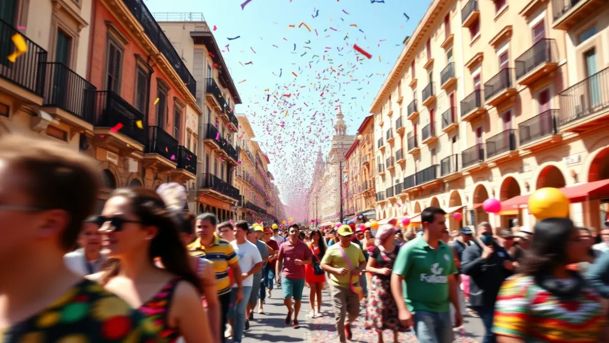 Imatge d'una desfilada festiva amb figures borroses i confeti en l'aire, amb arquitectura valenciana de fons.