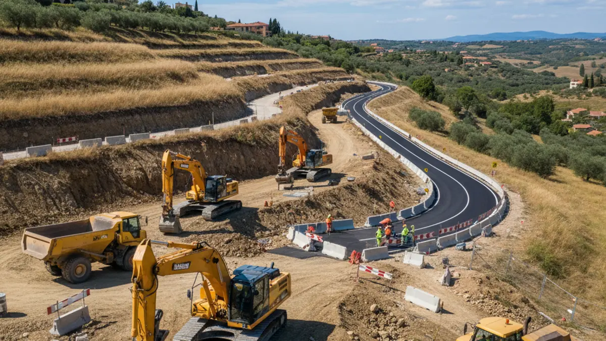 Imatge d'obres de restauració en un talús al costat d'una carretera, amb maquinària pesada i senyalització.