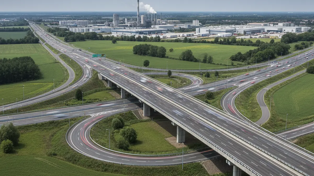 Imatge genèrica d'un intercanviador de carreteres modern amb trànsit borrós, envoltat de camps verds i edificis industrials, simbolitzant el desenvolupament d'infraestructures.