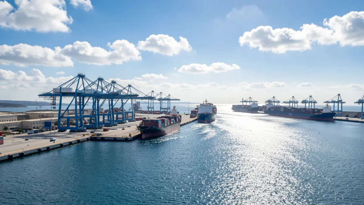 Imagen genérica de un puerto comercial con barcos y grúas.