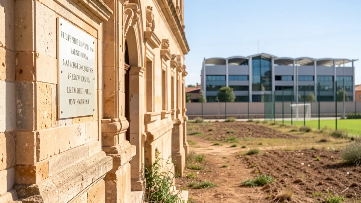 Generic image of a historic building in Valencia with a commemorative plaque and a rustic plot nearby a sports complex.