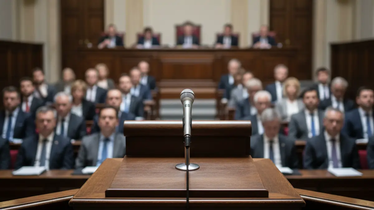 Imagen genérica de un micrófono en un podio en un entorno parlamentario, con figuras borrosas al fondo, representando una comisión de investigación.