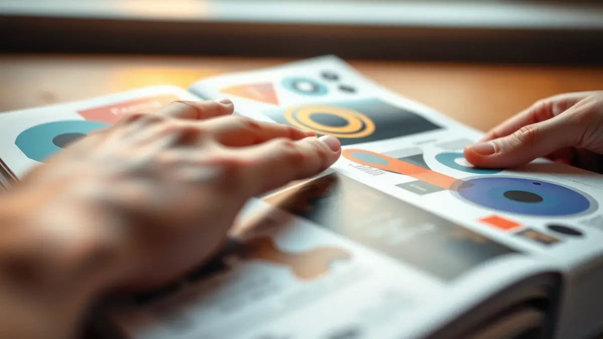 Generic image of a graphic design portfolio with various abstract designs, blurred hands pointing to a specific page, warm studio lighting, shallow depth of field, representing a design competition.