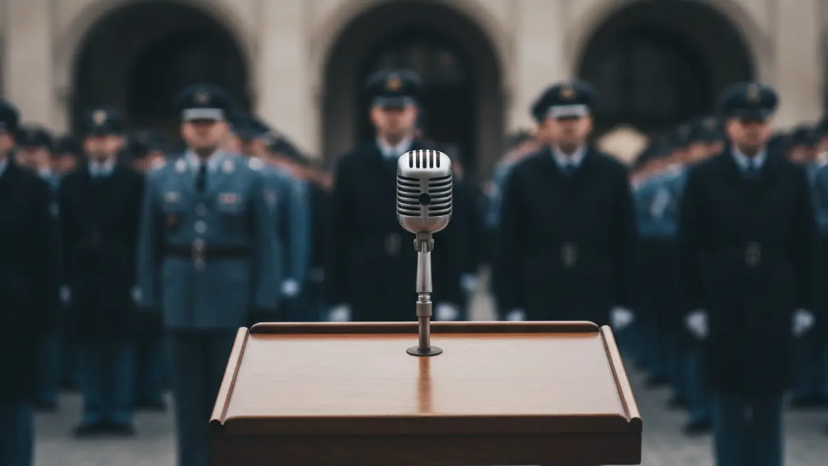 Imatge genèrica d'un acte solemne amb un micròfon en un faristol i figures borroses en uniforme.