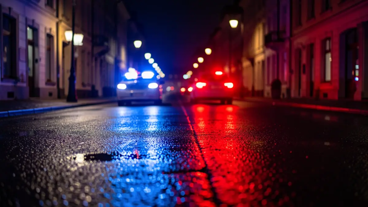 Imatge genèrica de llums d'emergència policial reflectides en l'asfalt.