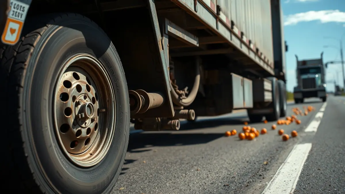 Image of a broken truck axle with scattered oranges on a road between Museros and Bétera.