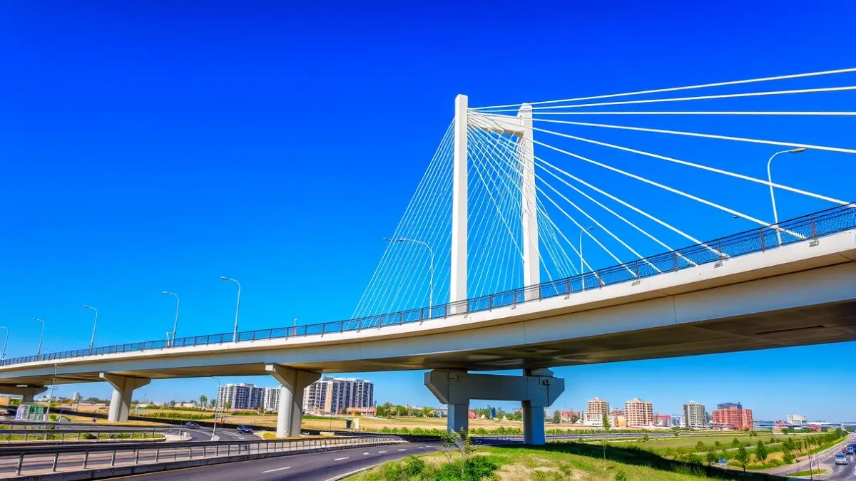 Image of a modern multi-lane bridge with a pedestrian walkway and lighting, over a highway, in an urban development area.