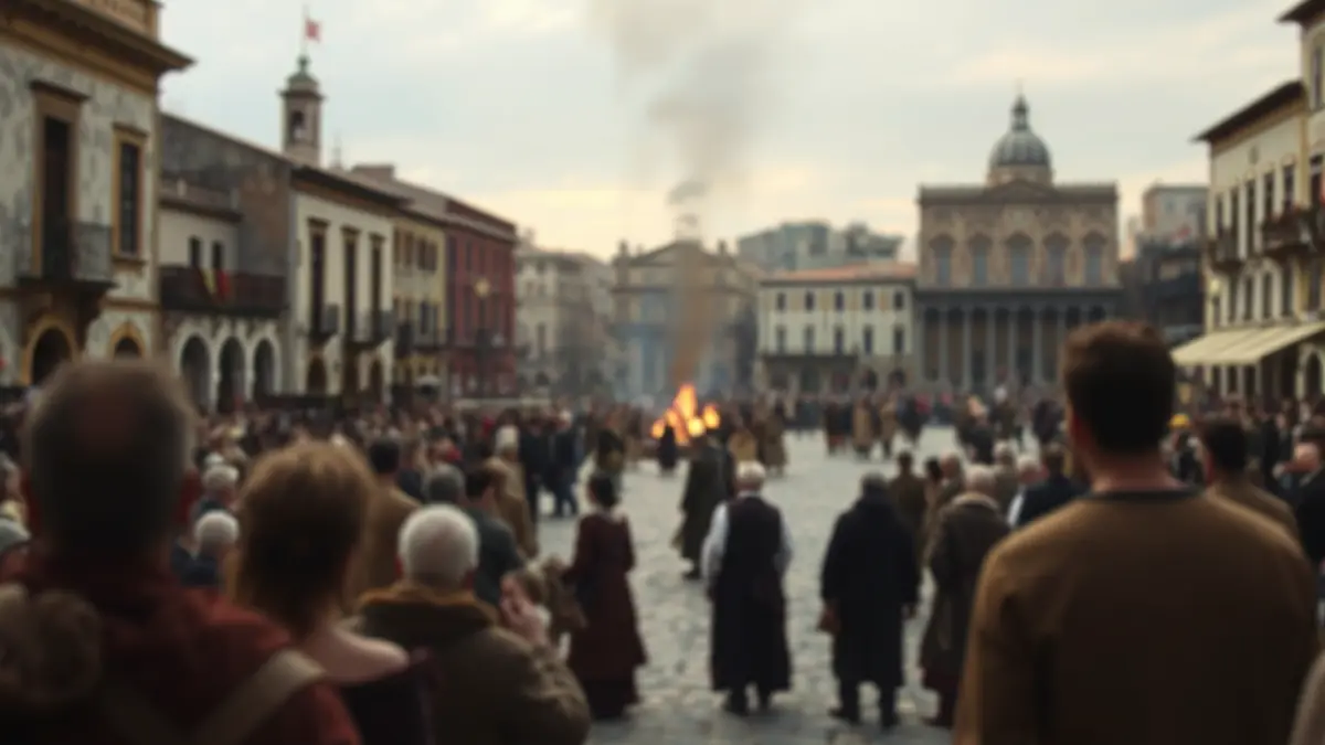 Historical image of a public square in a Mediterranean city with a blurred crowd and a scaffold or pyre in the distance.