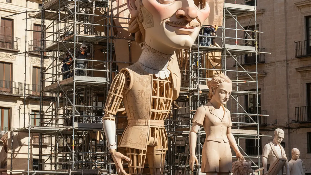 Imagen de una falla a medio plantar, con andamios y elementos sin terminar, bajo un cielo claro. Detalles de la obra sin finalizar.