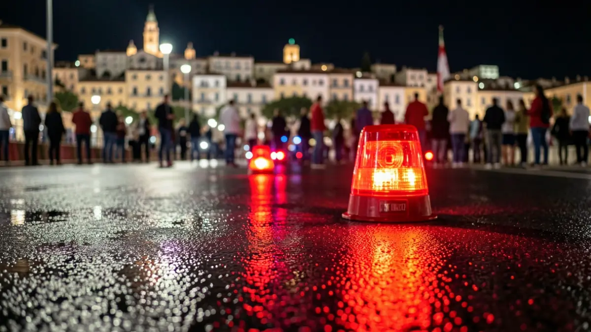 Generic image of emergency lights reflecting on wet asphalt at night.
