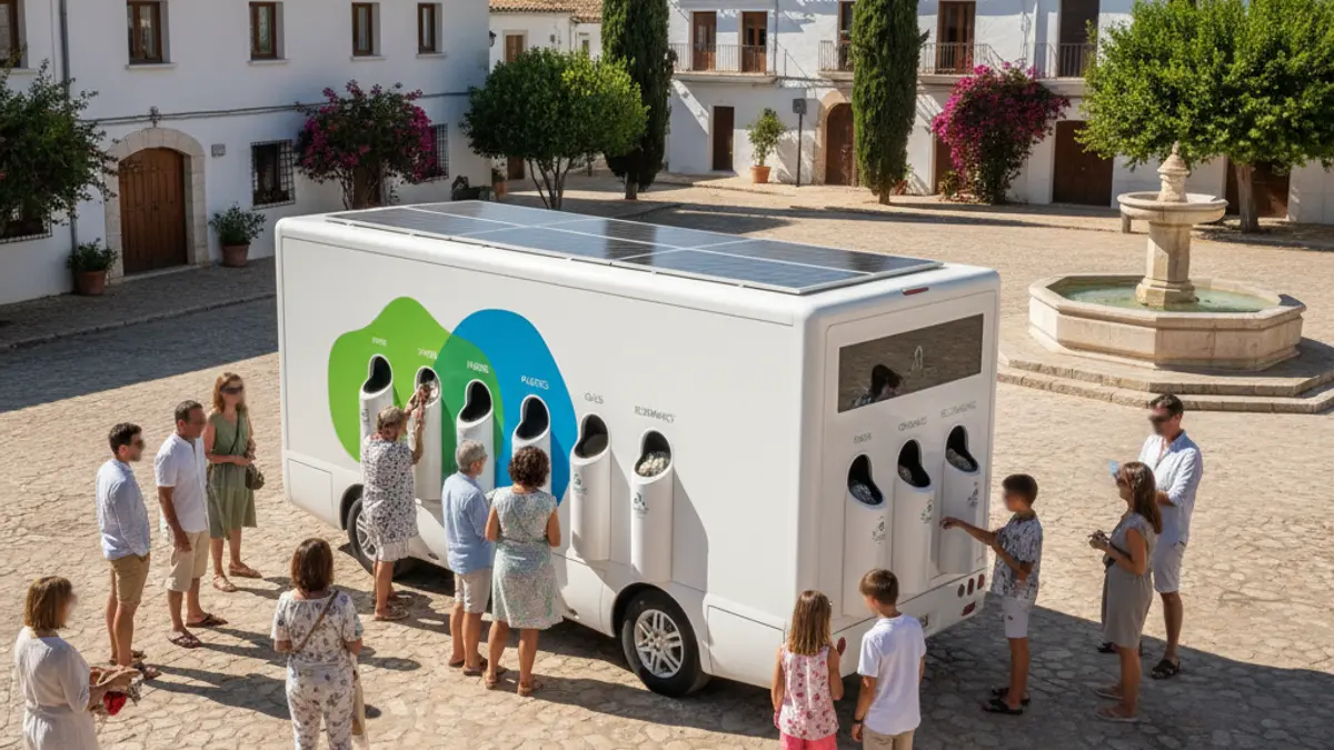 Imagen de un miniecoparque móvil en una plaza, con vecinos depositando residuos.
