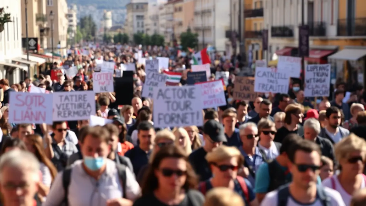 Imagen genérica de una manifestación en una calle de una ciudad mediterránea, con gente borrosa y pancartas.