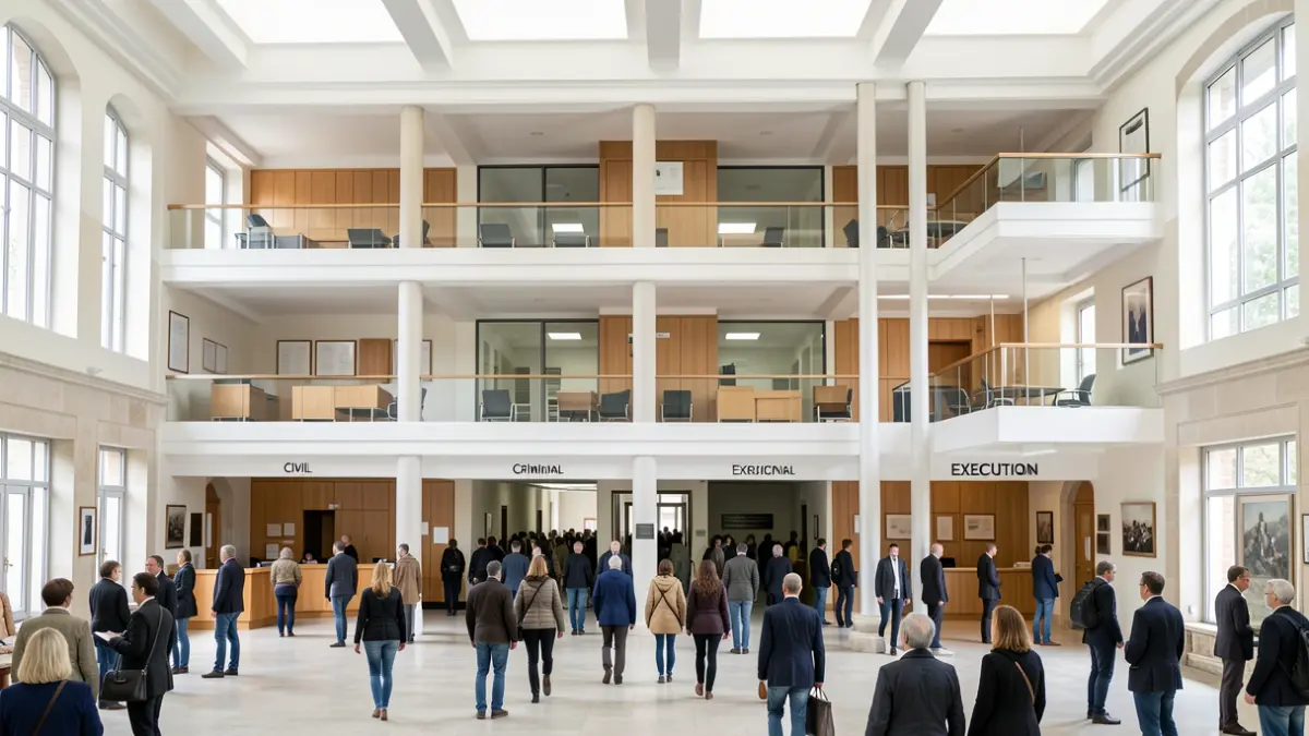 Generic image of a courthouse interior organized by thematic areas.