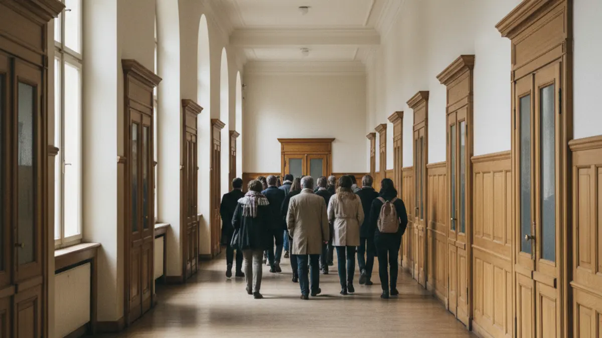 Imatge genèrica d'un corredor escolar buit amb portes de classes tancades, llum suau del matí.