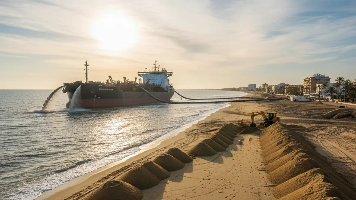 Imagen de la megadraga Bonny River trabajando en la regeneración de las playas del Marenyet y l'Estany en Cullera.