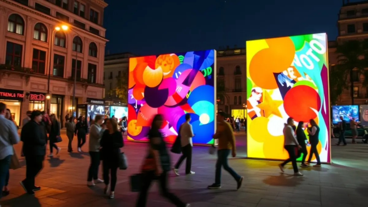 Imagen de una instalación de arte abstracto en una plaza pública de noche, con figuras borrosas de personas interactuando con el arte, iluminación cálida y fría, ambiente de festival de arte contemporáneo.