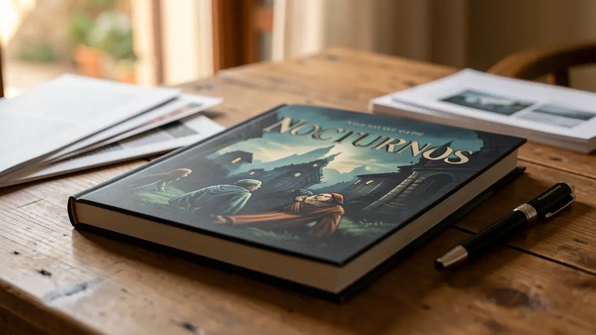 Imagen de una novela gráfica titulada 'Nocturnos' sobre una mesa de madera.