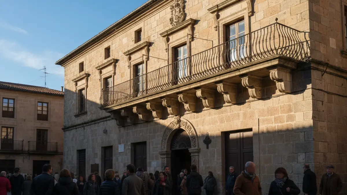 Façana d'un ajuntament amb balcó i baranes de ferro, banyada per la llum del sol de la vesprada.
