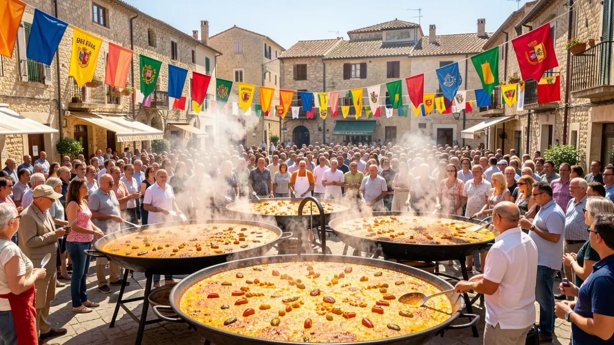 Generic image of a crowded paella competition in a festive atmosphere.