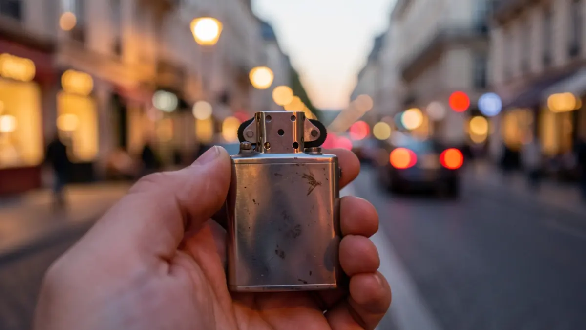Imatge genèrica d'un encenedor antic en una mà, amb un carrer urbà difuminat al fons.
